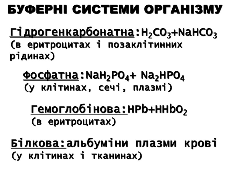 БУФЕРНІ СИСТЕМИ ОРГАНІЗМУ Гідрогенкарбонатна:Н2СО3+NaHCO3 (в еритроцитах і позаклітинних рідинах) Фосфатна:NaH2PO4+ Na2HPO4 (у клітинах, сечі,
